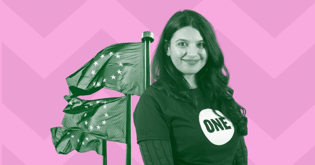 Udita Sawhney, ONE Youth Ambassador, a young woman with long dark hair wearing a ONE branded t-shirt. She is superimposed with three flying EU flags.