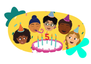 Five illustrated children gathered around a birthday cake