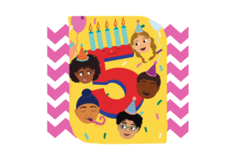 Five illustrated children gathered around a birthday cake